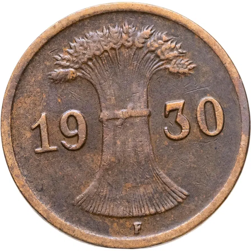 Германия 1 рейхспфенниг (reichspfennig) 1930 F  знак монетного двора "F" — Штутгарт, реверс