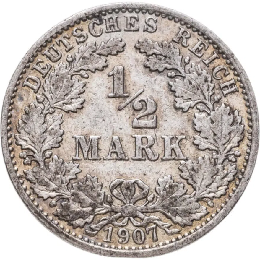 Германия 1/2 марки (mark) 1907 A  знак монетного двора: "A" - Берлин
