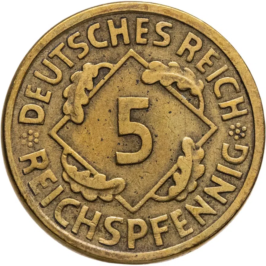 Германия 5 рейхспфеннигов (reichspfennig) 1925 A  знак монетного двора "A" — Берлин, реверс
