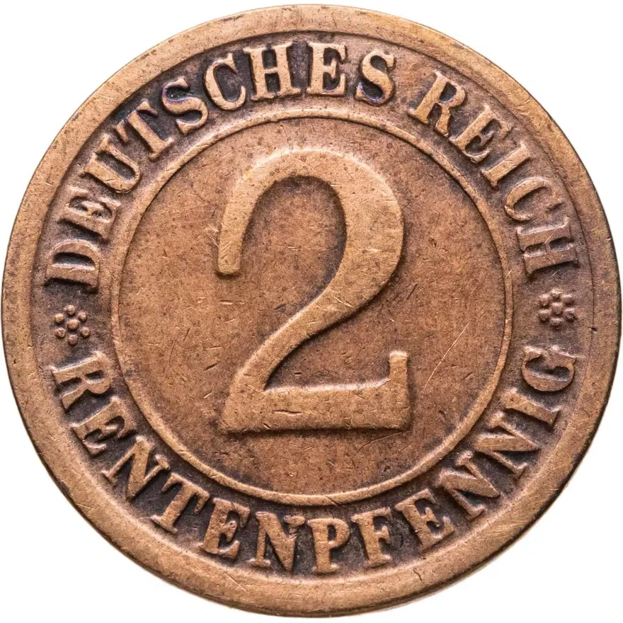 Германия 2 пфеннига (рентенпфеннига, rentenpfennig) 1924 F  знак монетного двора "F" — Штутгарт, аверс