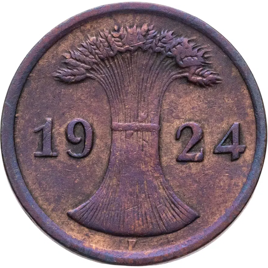 Германия 2 пфеннига (рентенпфеннига, rentenpfennig) 1924 F  знак монетного двора "F" — Штутгарт, реверс