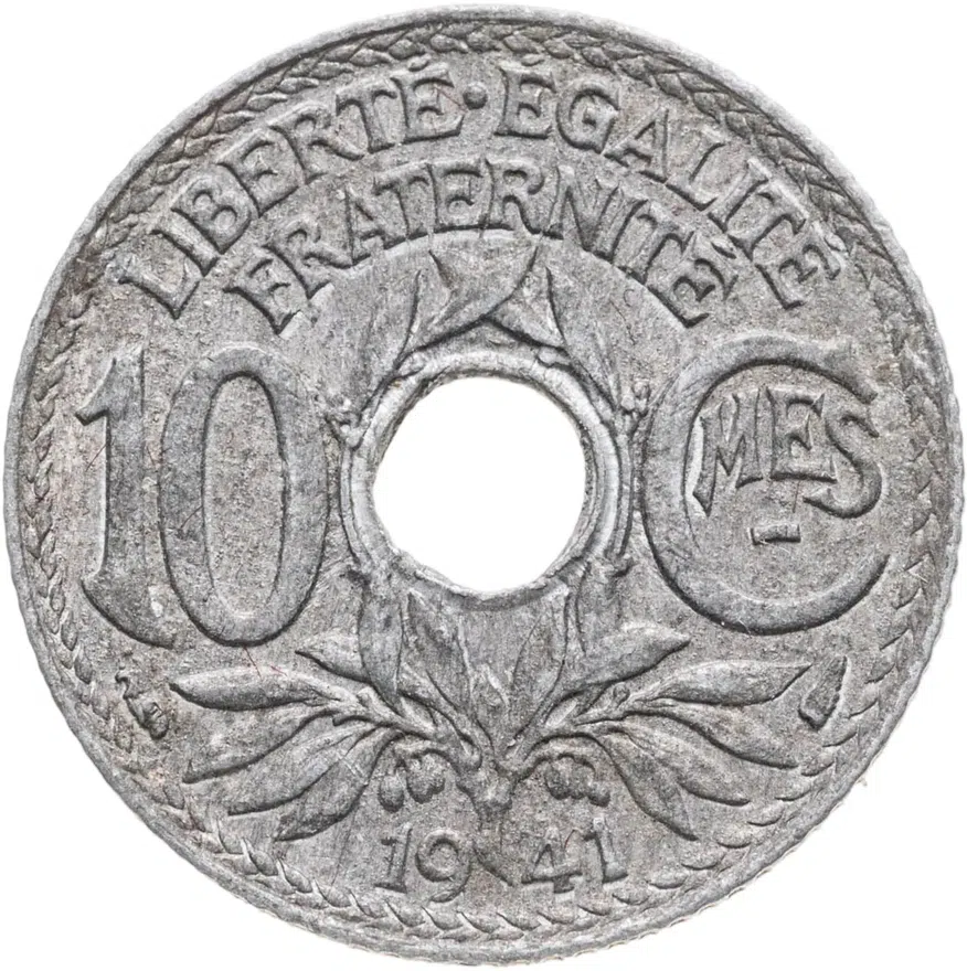 Франция 10 сантимов (centimes) 1941   Подчеркивание под MES, аверс