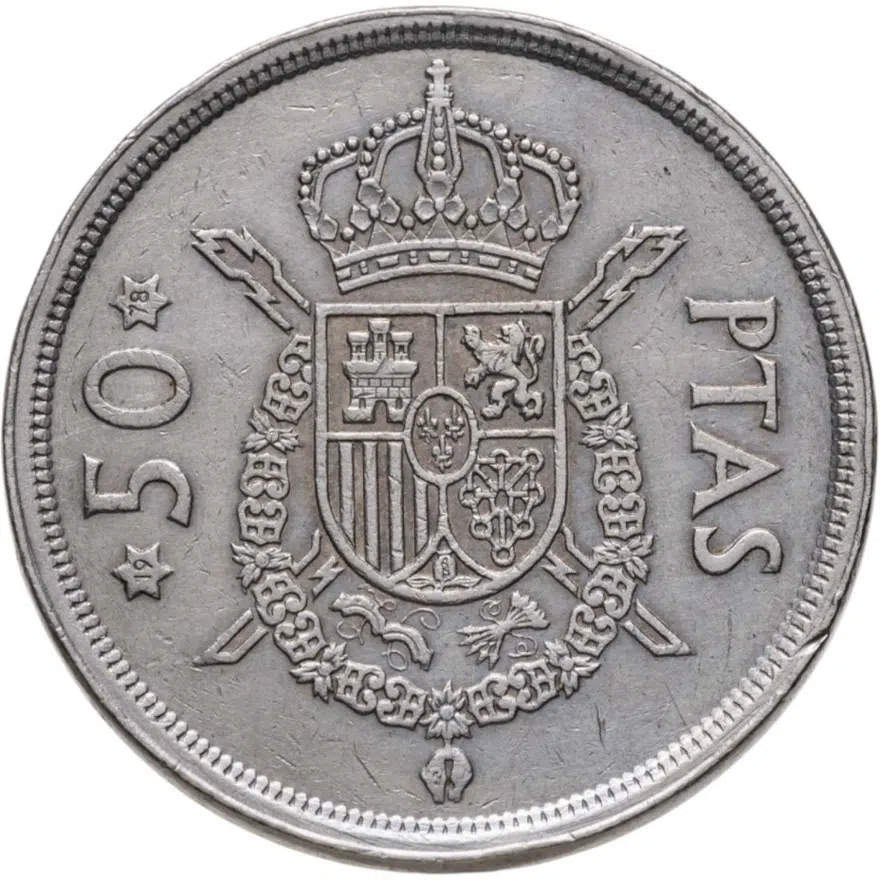 Испания 50 песет (pesetas) 1975, 78 внутри звезды, реверс
