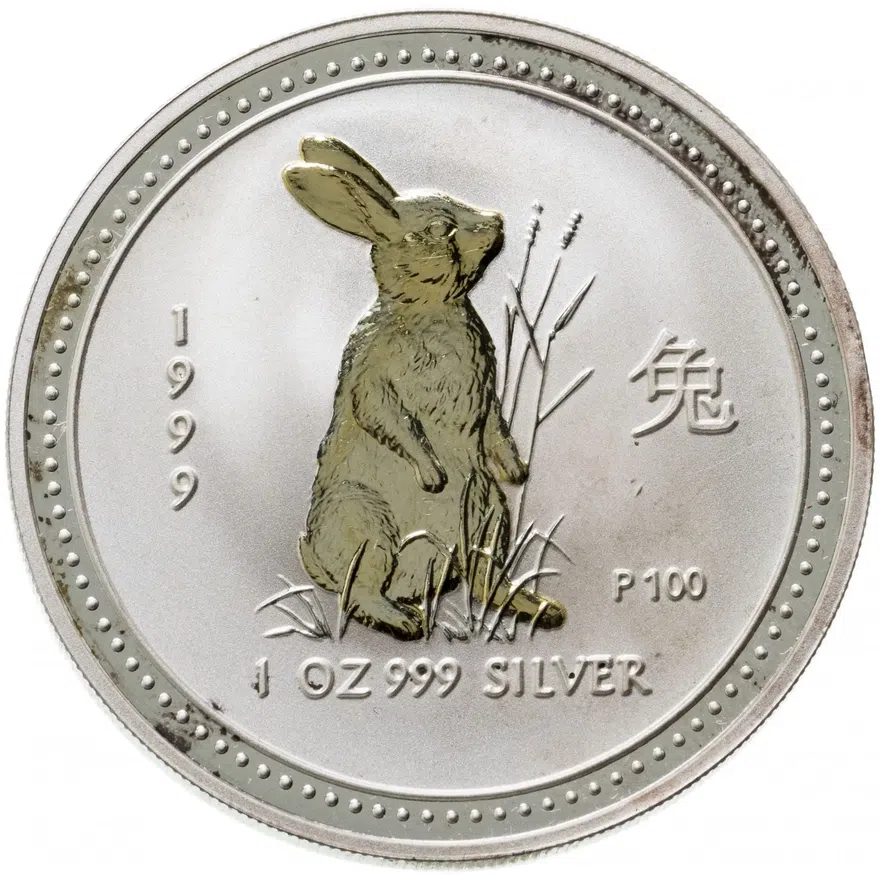 Австралия 1 dollar (доллар) 1999 "Китайский календарь - год Кролика", позолота, аверс