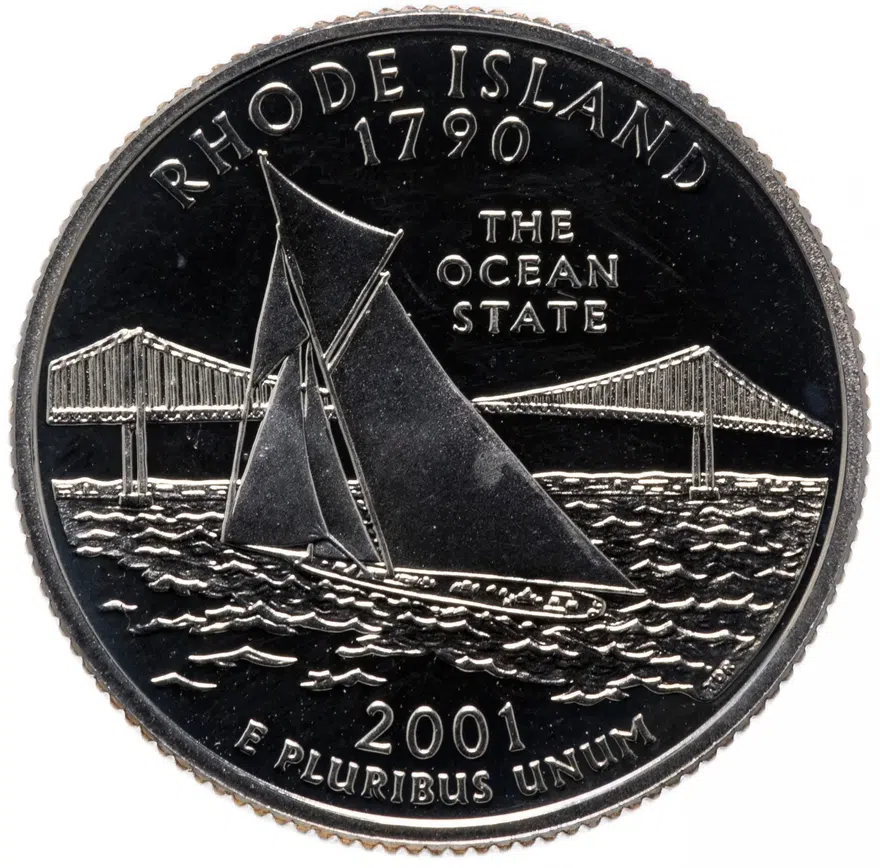 США 25 центов (квотер, 1/4 доллара, quarter dollar) 2001 S  Квотер штата Род-Айленд знак монетного двора: "S"