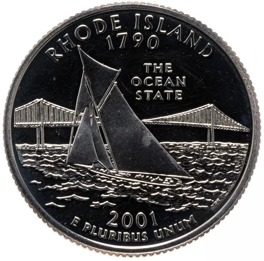 США 25 центов (квотер, 1/4 доллара, quarter dollar) 2001 S  Квотер штата Род-Айленд знак монетного двора: "S", реверс