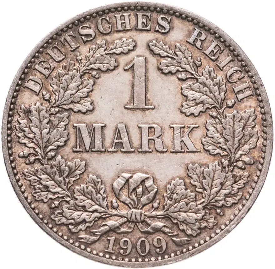 Германия 1 марка (mark) 1909 A  знак монетного двора: "A" - Берлин, аверс