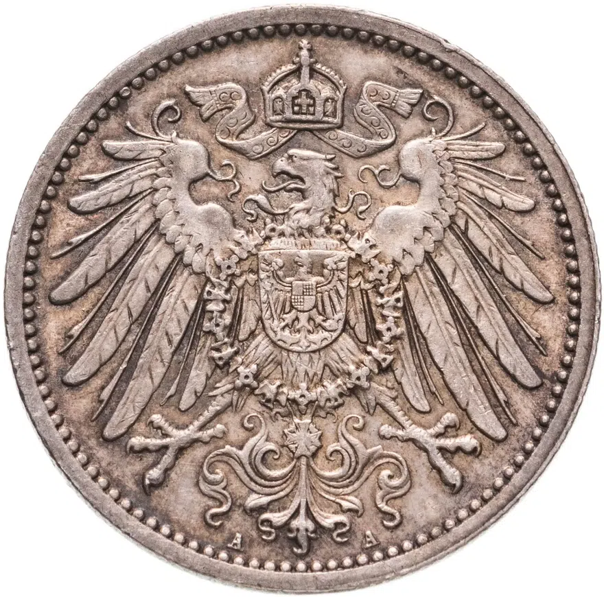 Германия 1 марка (mark) 1909 A  знак монетного двора: "A" - Берлин, реверс