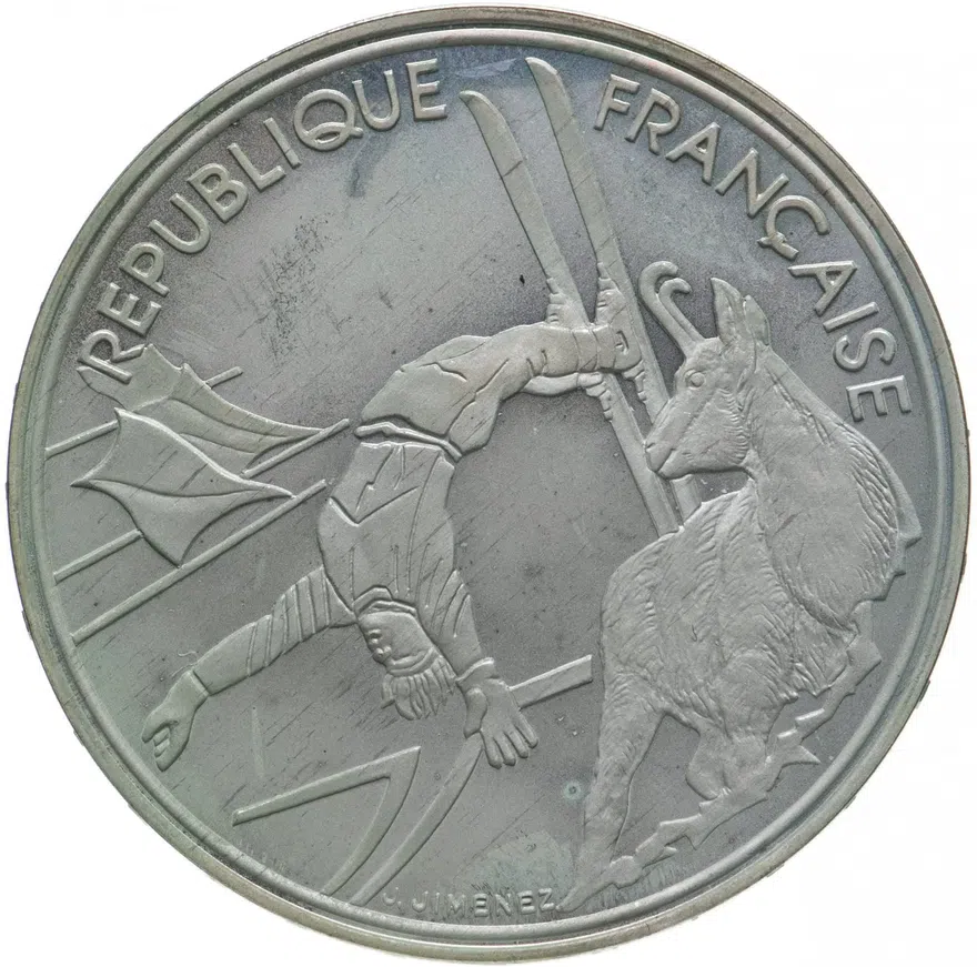 Франция 100 франков (francs) 1990 XVI зимние Олимпийские Игры, Альбервиль 1992 - Фристайл, аверс