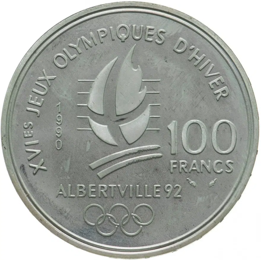 Франция 100 франков (francs) 1990 XVI зимние Олимпийские Игры, Альбервиль 1992 - Фристайл, реверс