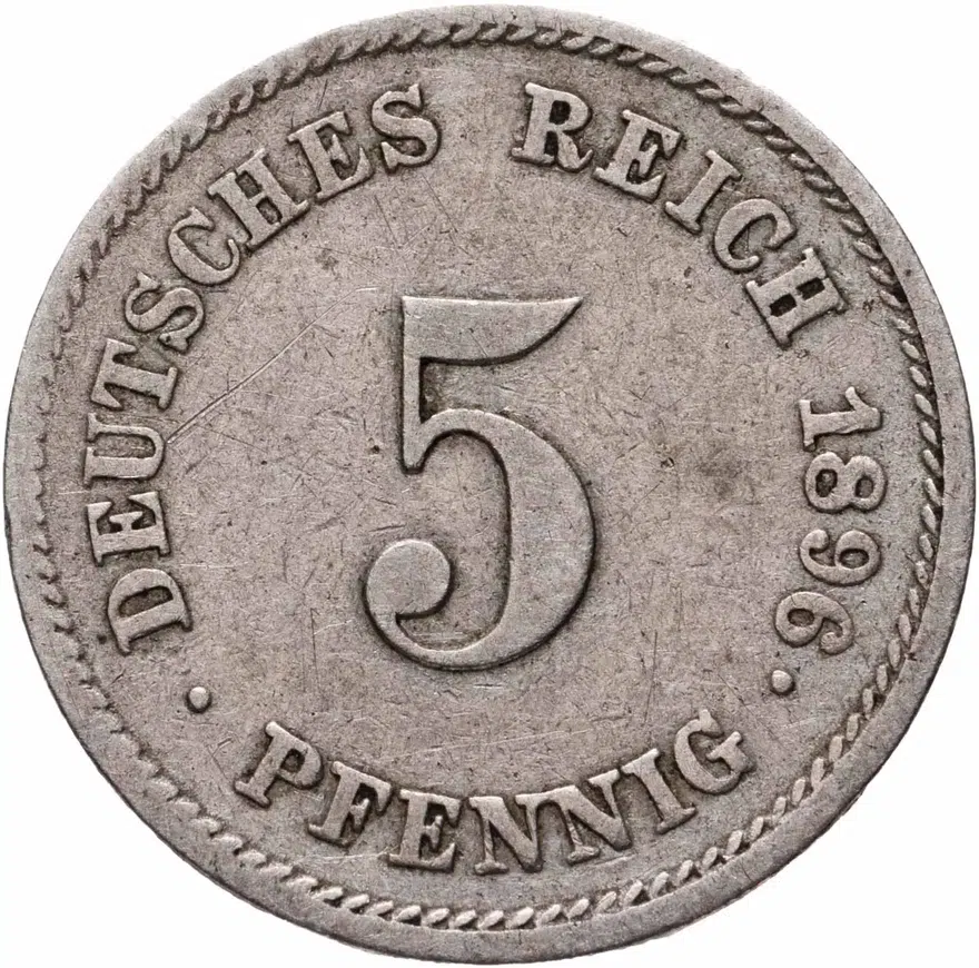 Германия 5 пфеннигов (pfennig) 1896 J  знак монетного двора: "J" - Гамбург, аверс