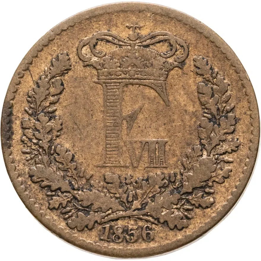 Дания 1 скиллинг ригсмонт (скиллинг-ригсмёнт, skilling rigsmont) 1856