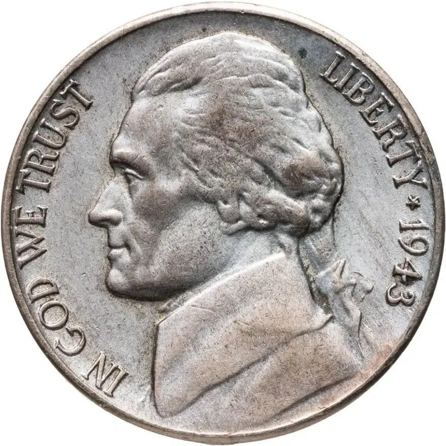 США 5 центов (cents) 1943 S Jefferson Nickel (Джефферсон) знак монетного двора "S" - Сан-Франциско, аверс