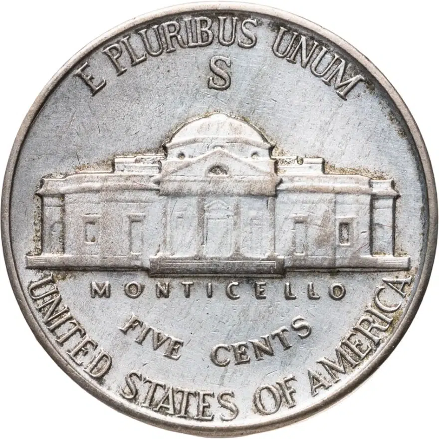 США 5 центов (cents) 1943 S Jefferson Nickel (Джефферсон) знак монетного двора "S" - Сан-Франциско, реверс