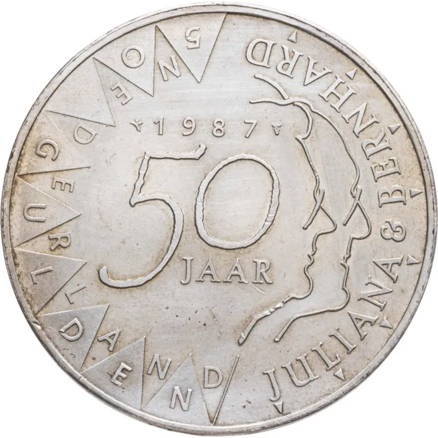 Нидерланды 50 гульденов (gulden) 1987  50 лет свадьбе Королевы Юлианы и Принца Бернарда, аверс