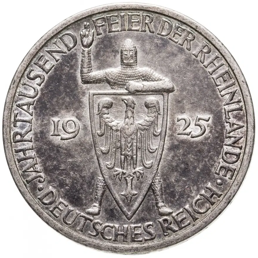 Германия 3 рейхсмарки (reichsmark) 1925 G Тысячелетие Рейнской области (Рейнланда) знак монетного двора "G" — Карлсруэ, аверс