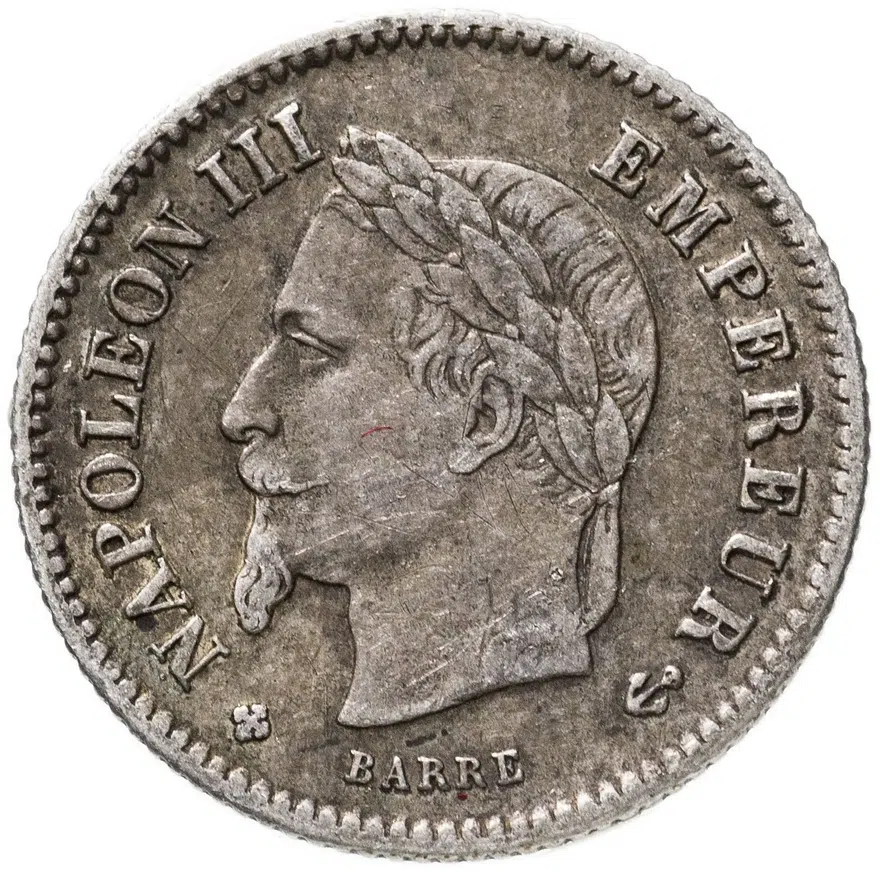Франция 20 сантимов (centimes) 1867 BB  знак монетного двора: "BB" - Страсбург, аверс