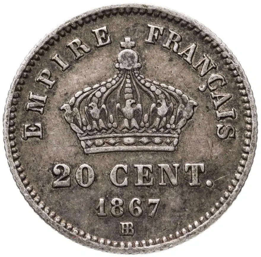 Франция 20 сантимов (centimes) 1867 BB  знак монетного двора: "BB" - Страсбург, реверс