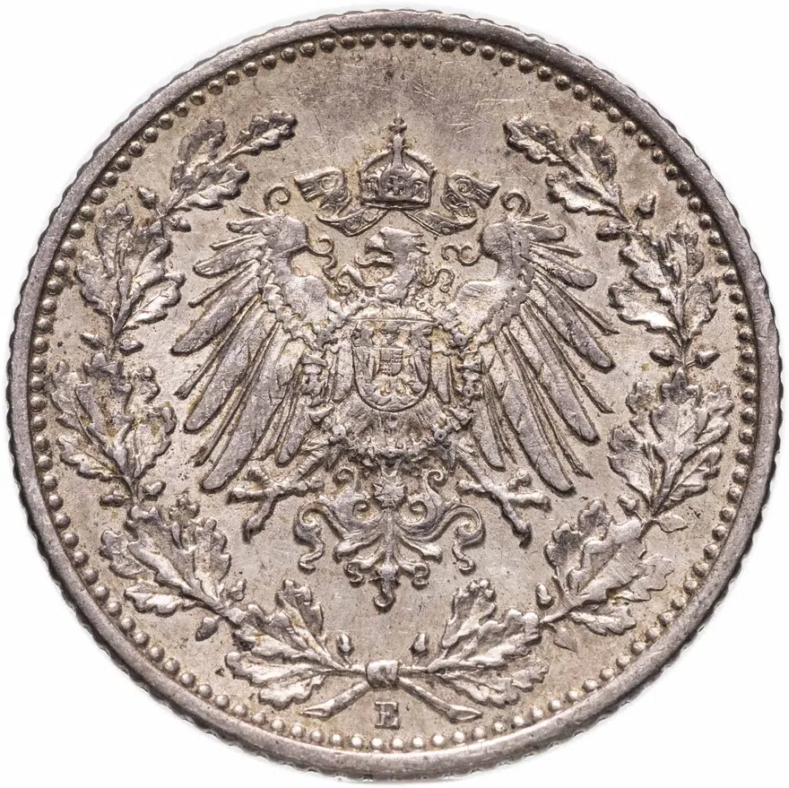 Германия 1/2 марки (mark) 1913 E  знак монетного двора: "E" - Мульденхюттен, реверс