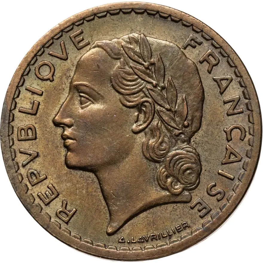 Франция 5 франков (francs) 1945  Алюминиевая Бронза /жёлтый цвет/ Без отметки монетного двора, аверс