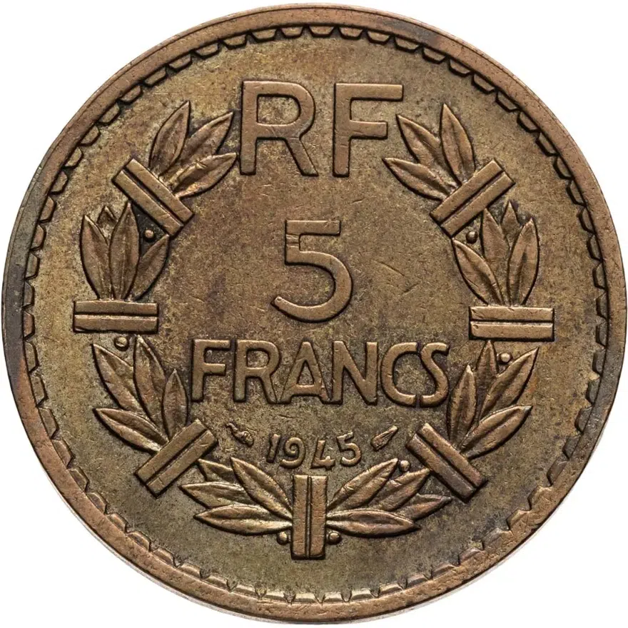 Франция 5 франков (francs) 1945  Алюминиевая Бронза /жёлтый цвет/ Без отметки монетного двора, реверс