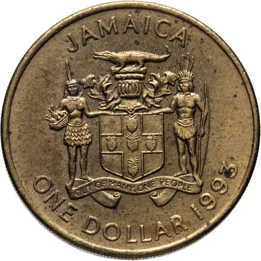 Ямайка 1 доллар (dollar) 1993  Сталь с латунным покрытием (магнетик), реверс