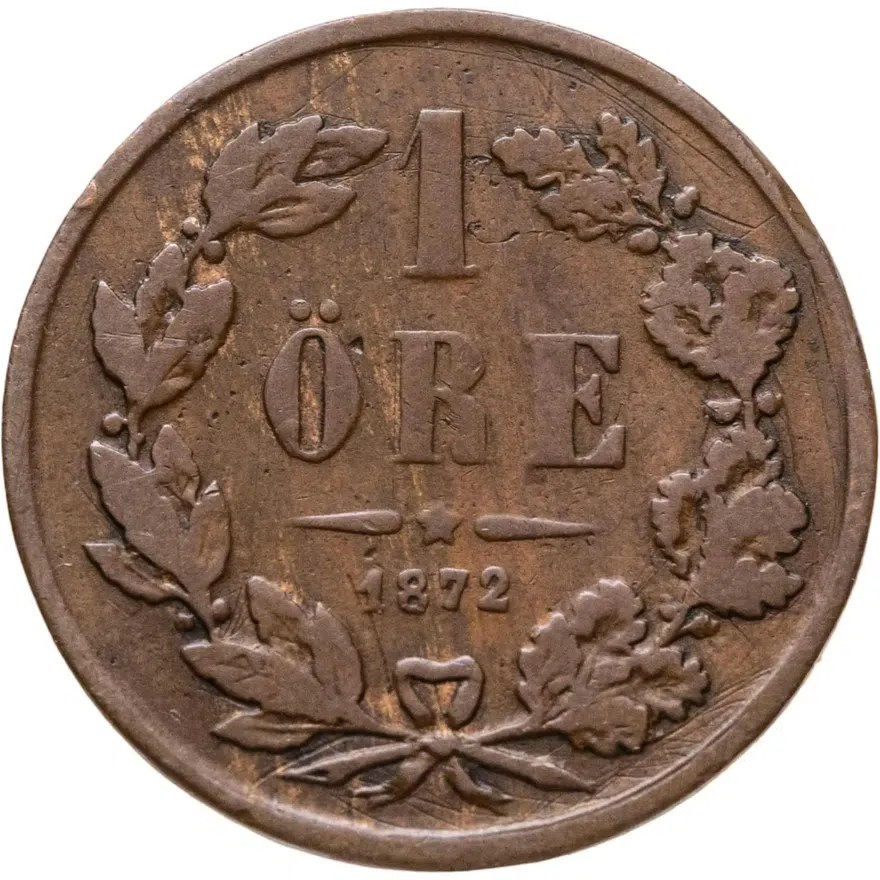 Швеция 1 эре (ore) 1872   Буквы L.A. под бюстом