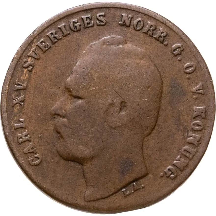 Швеция 1 эре (ore) 1872   Буквы L.A. под бюстом, реверс