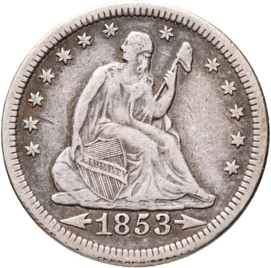 США 25 центов (квотер, 1/4 доллара, quarter dollar) 1853 Seated Liberty Quarter Без отметки монетного двора США, аверс