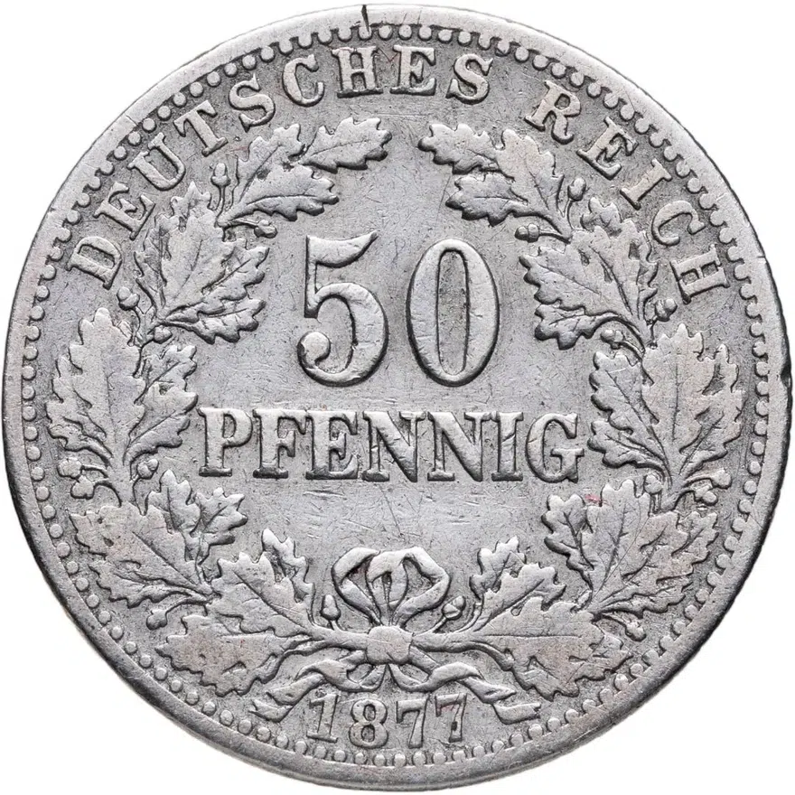 Германия 50 пфеннигов (pfennig) 1877 F Венок на аверсе знак монетного двора: "F" - Штутгарт