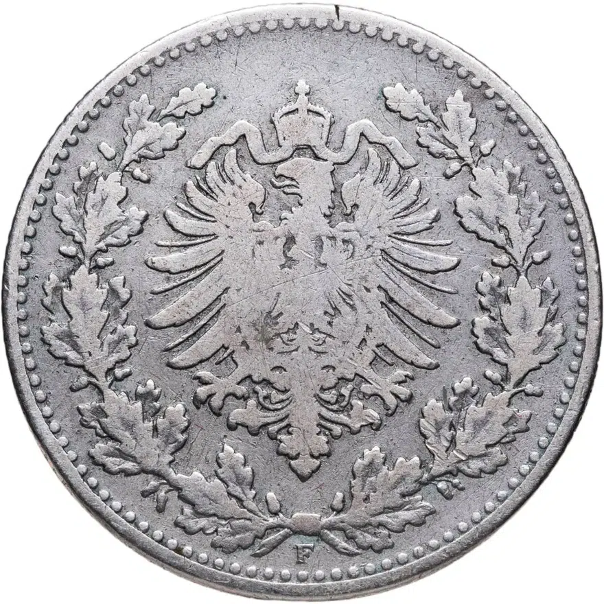 Германия 50 пфеннигов (pfennig) 1877 F Венок на аверсе знак монетного двора: "F" - Штутгарт, реверс