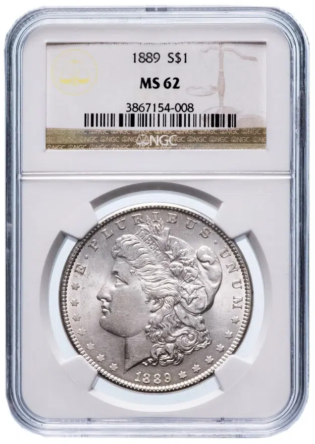 США 1 доллар (dollar) 1889 "Доллар Моргана" без знака монетного двора, в слабе NGC MS62, аверс