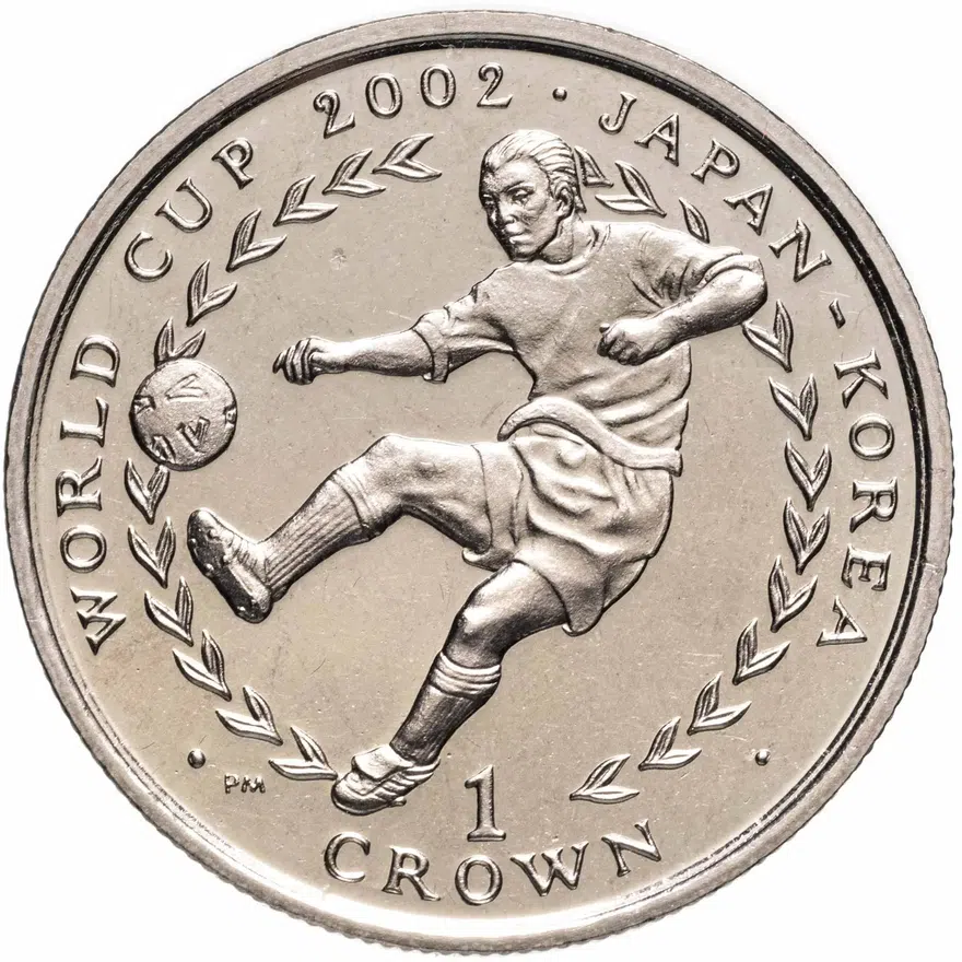 Остров Мэн 1 крона (crown) 2002  Чемпионат мира по футболу 2002, Япония-Корея /мяч слева/, аверс
