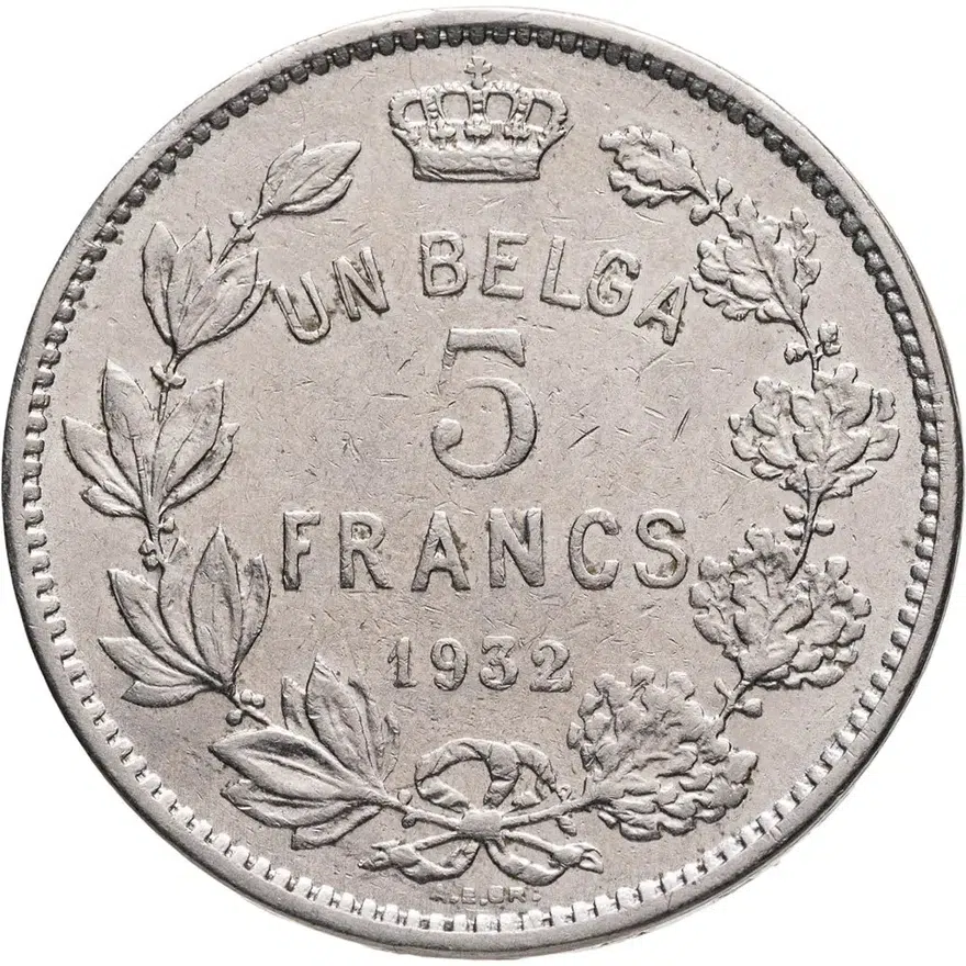 Бельгия 5 франков (francs) 1932   надпись на французском - "ALBERT ROI DES BELGES"