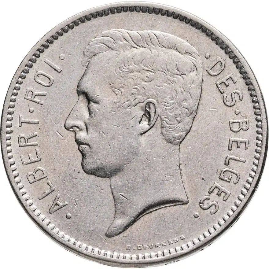 Бельгия 5 франков (francs) 1932   надпись на французском - "ALBERT ROI DES BELGES", реверс