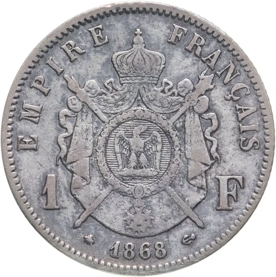 Франция 1 франк (franc) 1868 A  знак монетного двора: "A" - Париж