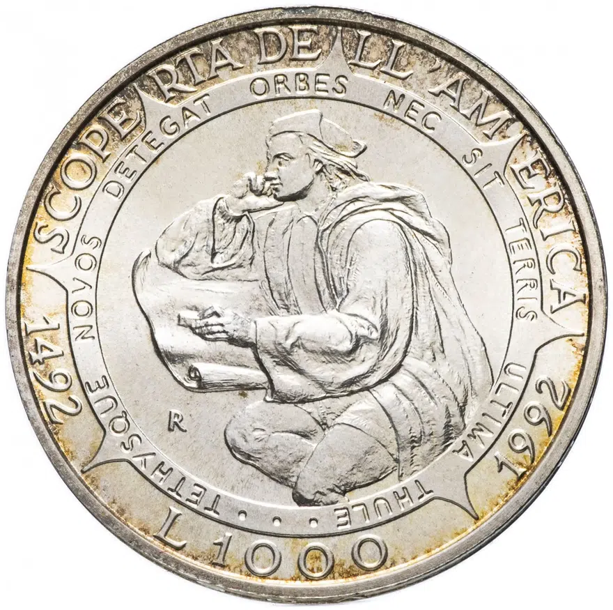 Сан-Марино 1000 лир (lire) 1992 "500 лет открытию Америки", реверс