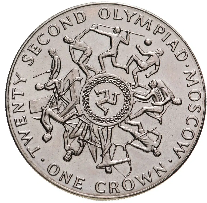 Остров Мэн 1 крона (crown) 1980  XXII летние Олимпийские Игры, Москва 1980 /метатель копья вверху монеты/