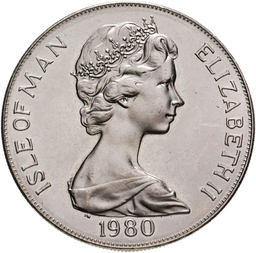 Остров Мэн 1 крона (crown) 1980  XXII летние Олимпийские Игры, Москва 1980 /метатель копья вверху монеты/, реверс