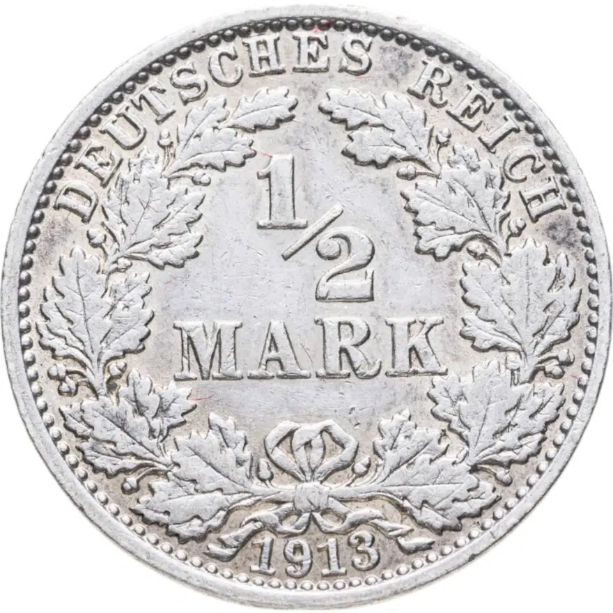 Германия 1/2 марки (mark) 1913 J  знак монетного двора: "J" - Гамбург, аверс