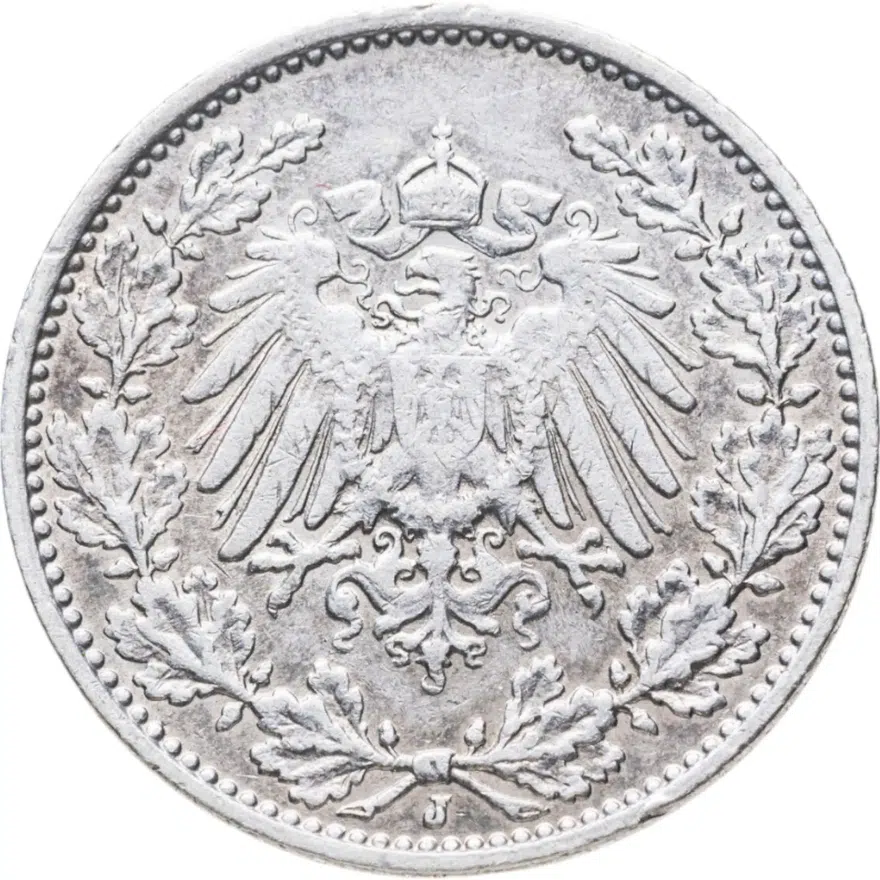 Германия 1/2 марки (mark) 1913 J  знак монетного двора: "J" - Гамбург, реверс