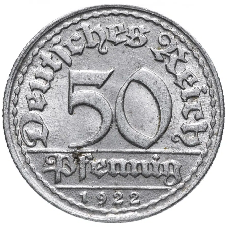 Германия (Веймарская республика)  50 пфеннигов (pfennig) 1922 D, аверс