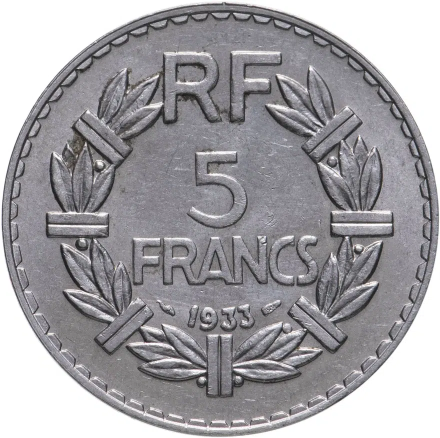 Франция 5 франков (francs) 1933   женское лицо обращено влево, аверс