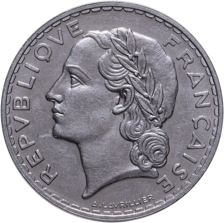 Франция 5 франков (francs) 1933   женское лицо обращено влево, реверс