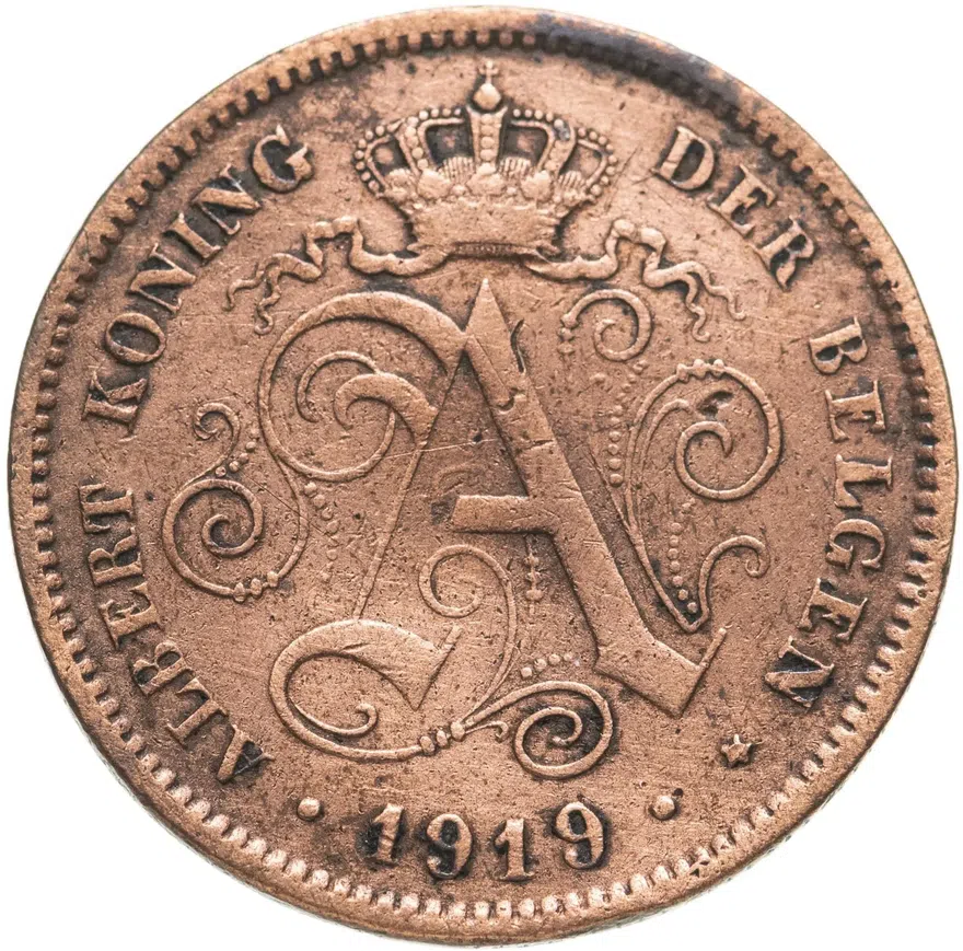 Бельгия 2 сантима (centimes) 1919 Надпись на голландском - 'ALBERT KONING DER BELGEN', аверс