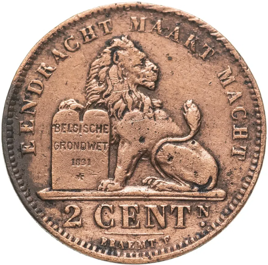 Бельгия 2 сантима (centimes) 1919 Надпись на голландском - 'ALBERT KONING DER BELGEN', реверс