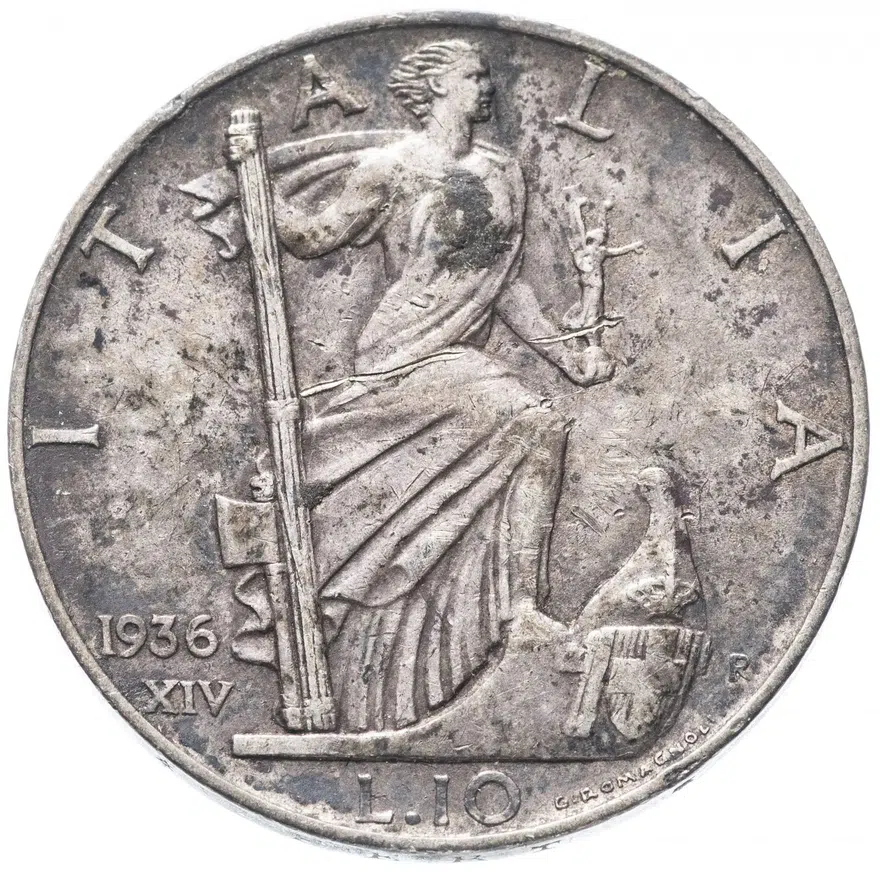 Италия 10 лир (lire) 1936, реверс
