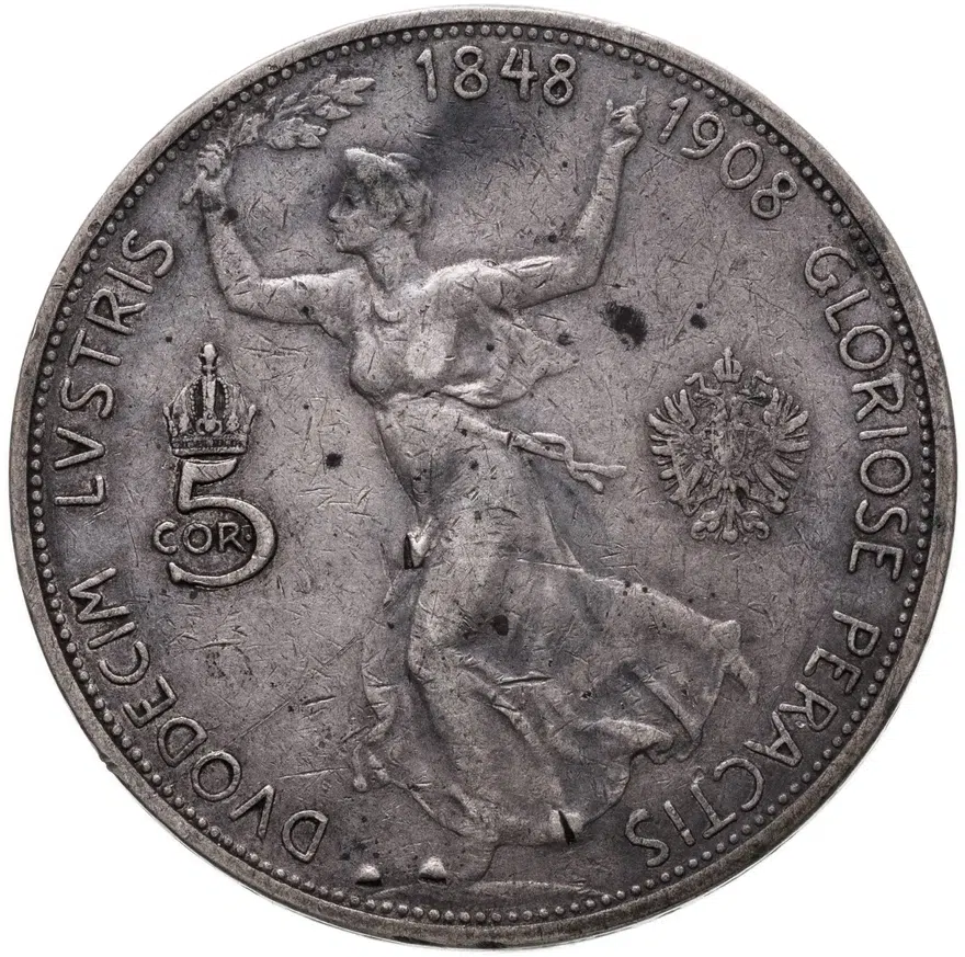 Австрия 5 крон (corona) 1908  60 лет правления Франца Иосифа