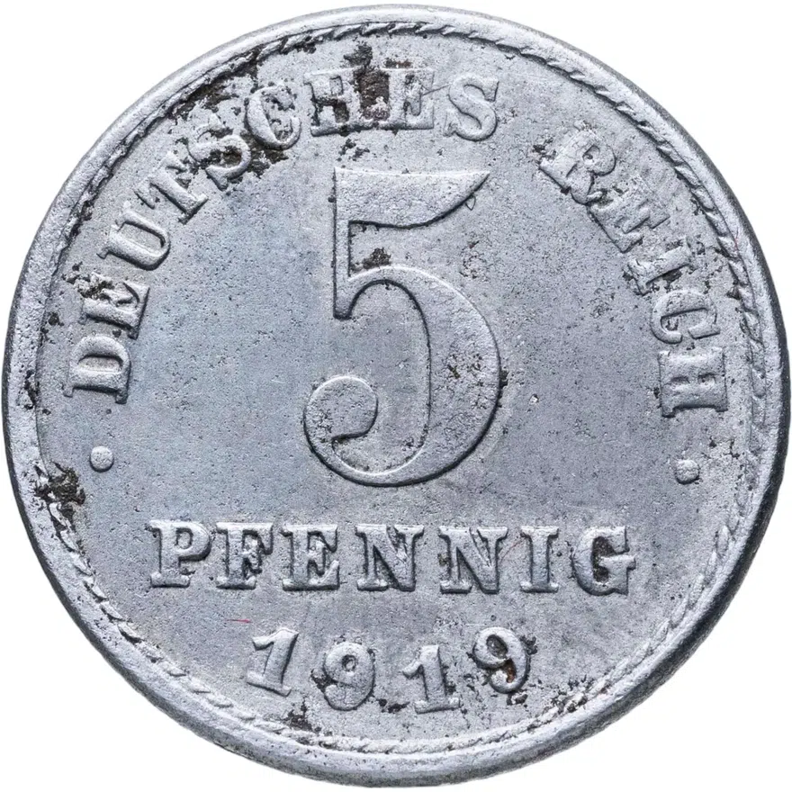 Германия 5 пфеннигов (pfennig) 1919 J  знак монетного двора: "J" - Гамбург