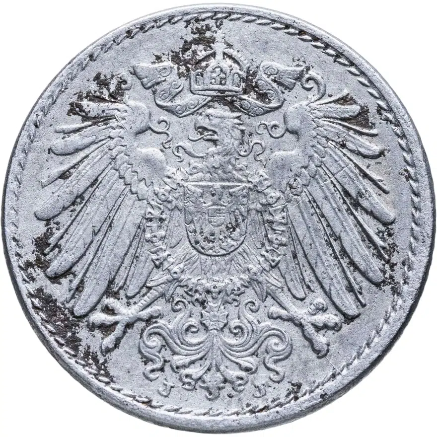 Германия 5 пфеннигов (pfennig) 1919 J  знак монетного двора: "J" - Гамбург, реверс